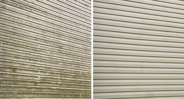 House siding before and after softwash treatment — dirty mold on the left, clean surface on the right